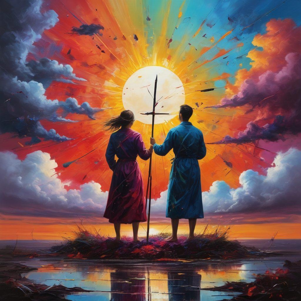 A surreal landscape depicting a juxtaposition of pain and joy, featuring vibrant splashes of color intermingled with dark, abstract forms representing struggle. In the foreground, an artist passionately creating with contrasting brush strokes of bright and muted tones, surrounded by symbols of creativity like paint splatters and sculpting tools. The background transitions from stormy clouds to a radiant sun breaking through, symbolizing hope and transformation. The overall atmosphere is a mix of chaos and beauty, celebrating the duality of emotions in art. vibrant colors. surreal style.