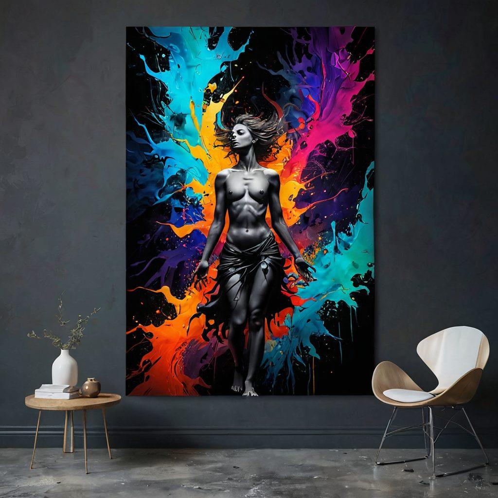 A split canvas showcasing the contrast between dark, chaotic elements on one side, symbolizing torment, with jagged brush strokes and gloomy colors. The other side transforms into bright, harmonious inspirations with fluid forms and radiant hues representing triumph and bliss. An ethereal figure floats through the divide, embodying the emotional journey. Dynamic lighting and shadows amplify the contrasts. surrealistic. vibrant colors. 3D.