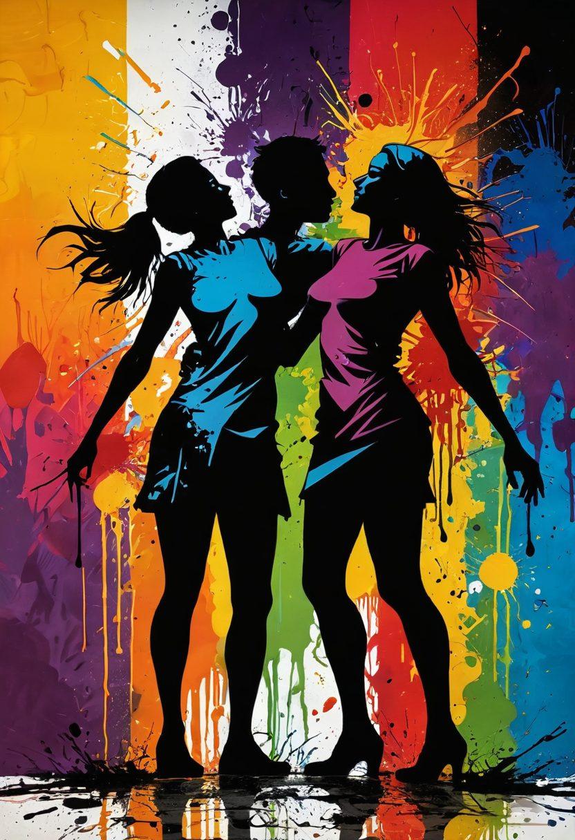 Create an abstract representation of contrasting emotions, featuring vibrant splashes of color blending with darker, shadowy elements. Include silhouettes of figures immersed in both joyful and painful expressions, surrounded by avant-garde art forms like sculpture and graffiti. Use bold brush strokes and intricate patterns to depict the duality of pleasure and pain. surrealistic. bold colors. dynamic composition.